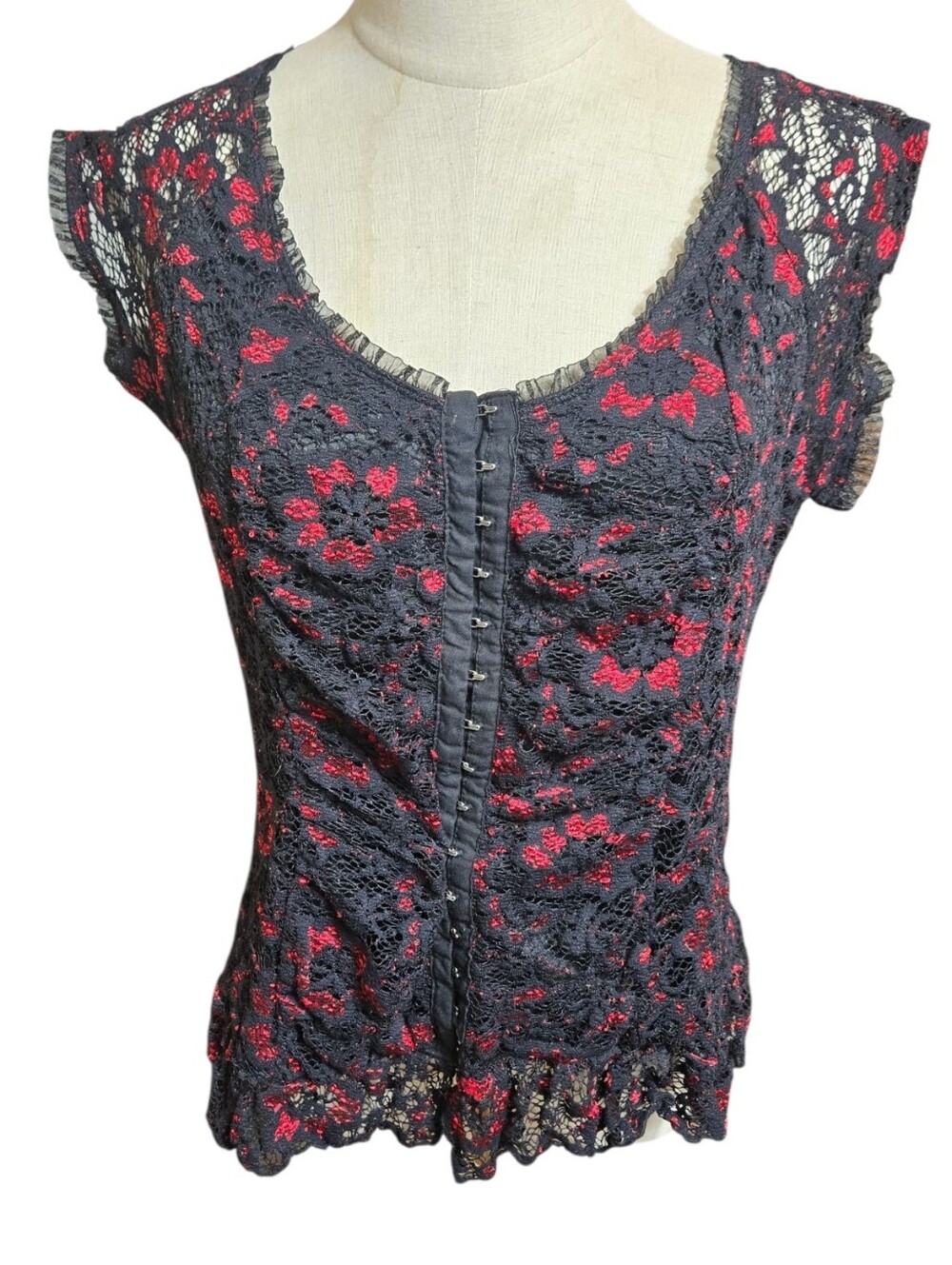 Studio 1940 Y2k  Black Lace Overlay Hook-Front Goth Corset Top with Red Underlay